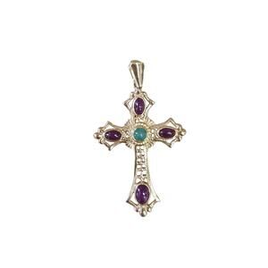Vintage 14K yellow gold Ruby and Emerald Cabochon Cross necklace Pendant